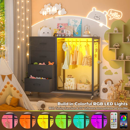 Dressers with Clothes Rack, Charging Station and Led Light, 4 Drawers Dresser for Bedroom