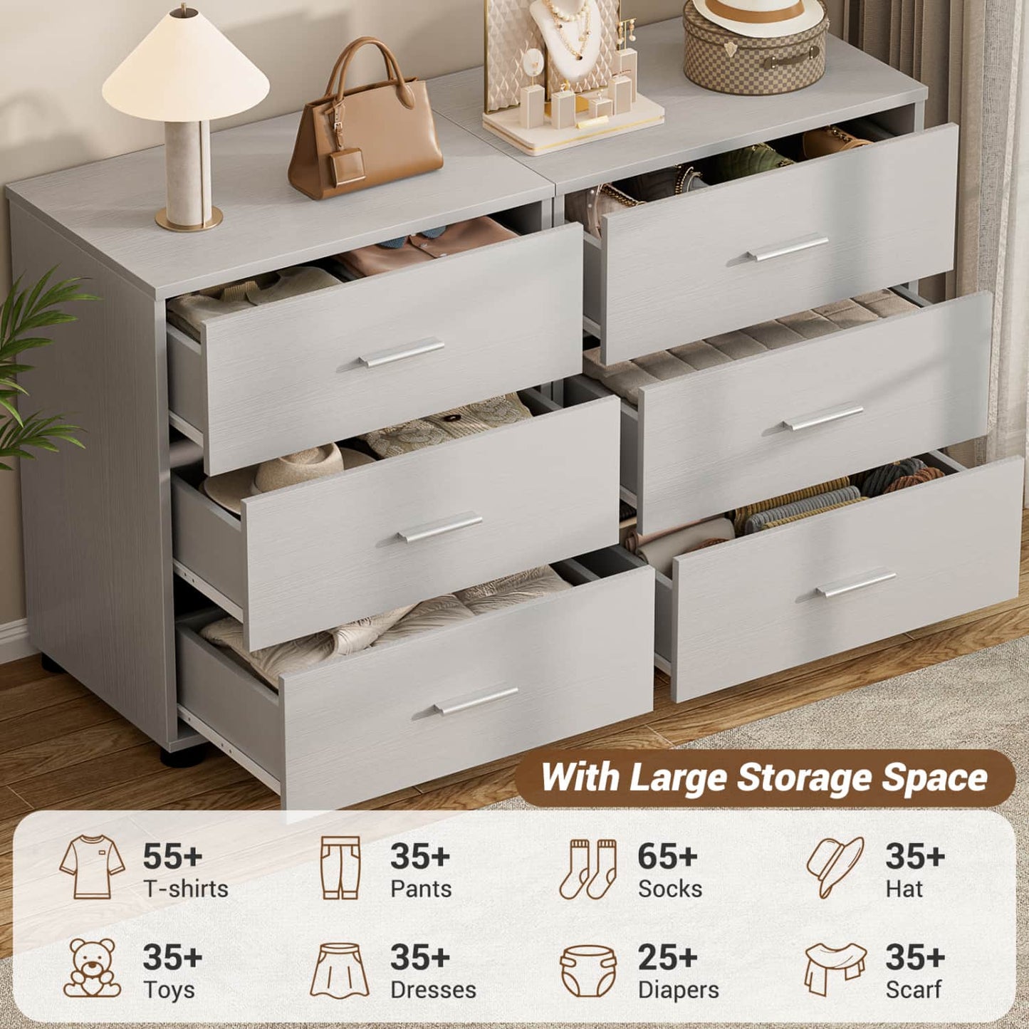Set of 2 Wooden 6-Drawers Dressers with Storage, Closet Storage Cabinet and Nightstand