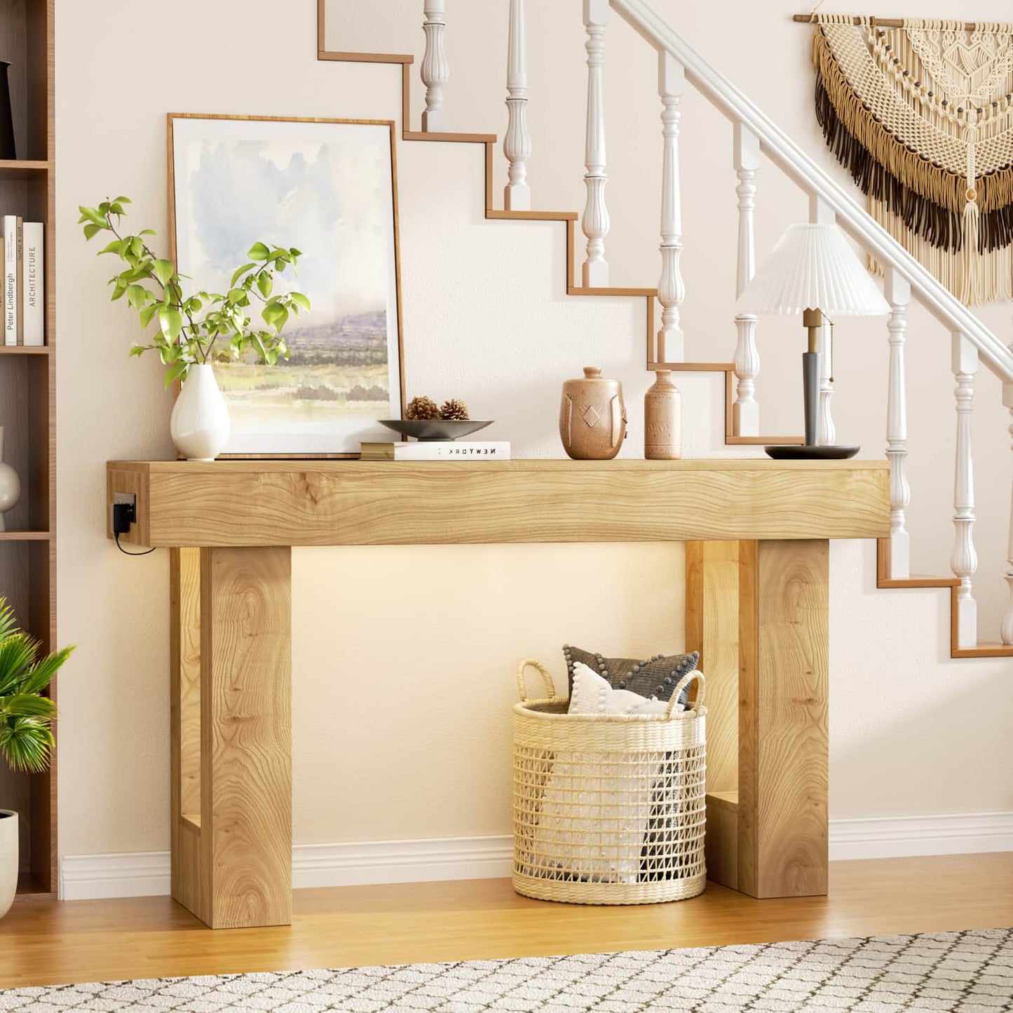 47inch Console Table with Power Outlets, Wood Narrow Entryway Table