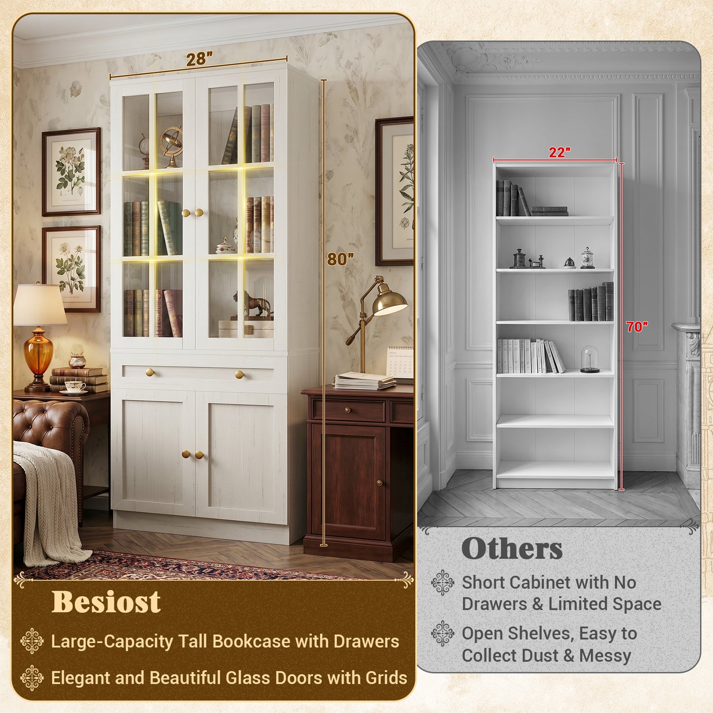 Besiost 80" H Bookcase with Mullion Glass Doors & Drawers