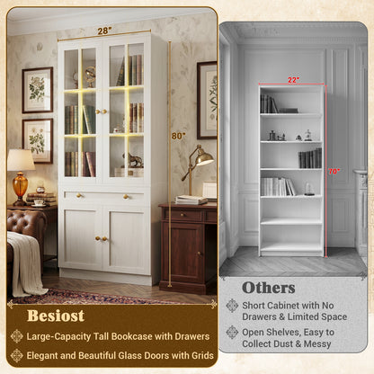 Besiost 80" H Bookcase with Mullion Glass Doors & Drawers