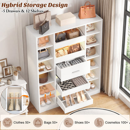 40" Closet System with LED Lights, Wooden Closet Organizer with 5 Drawers & 12 Shelves