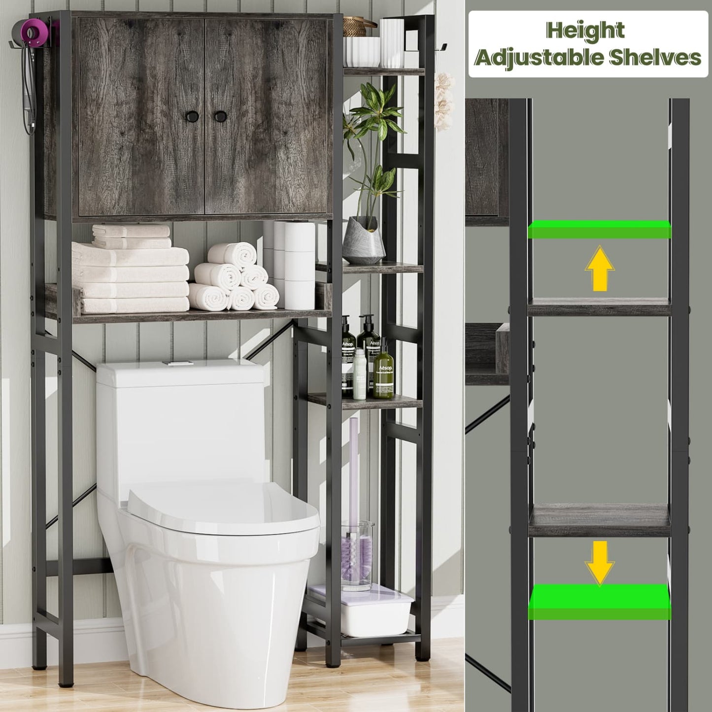 7-Tier Bathroom Organizer with Adjustable Shelf, Over The Toilet Storage Rack with 4 Hooks and Drawers
