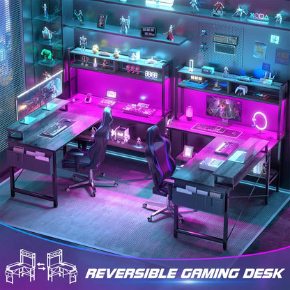 L-Shaped Computer Desk with Monitor and Hutch, Gaming Desk with Charging Station