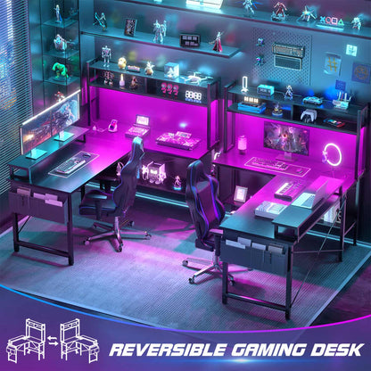 L-Shaped Computer Desk with Monitor and Hutch, Gaming Desk with Charging Station