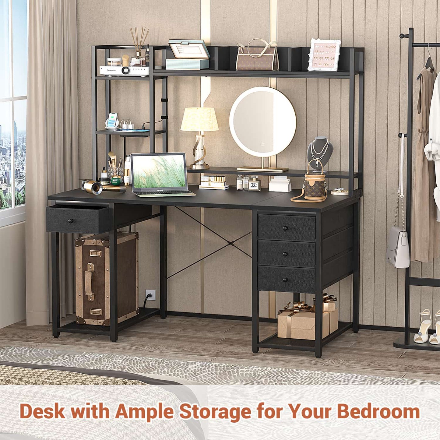 Computer Desk with LED Light, Power Outlet, Farbric Drawers