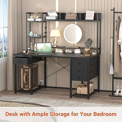 Computer Desk with LED Light, Power Outlet, Farbric Drawers