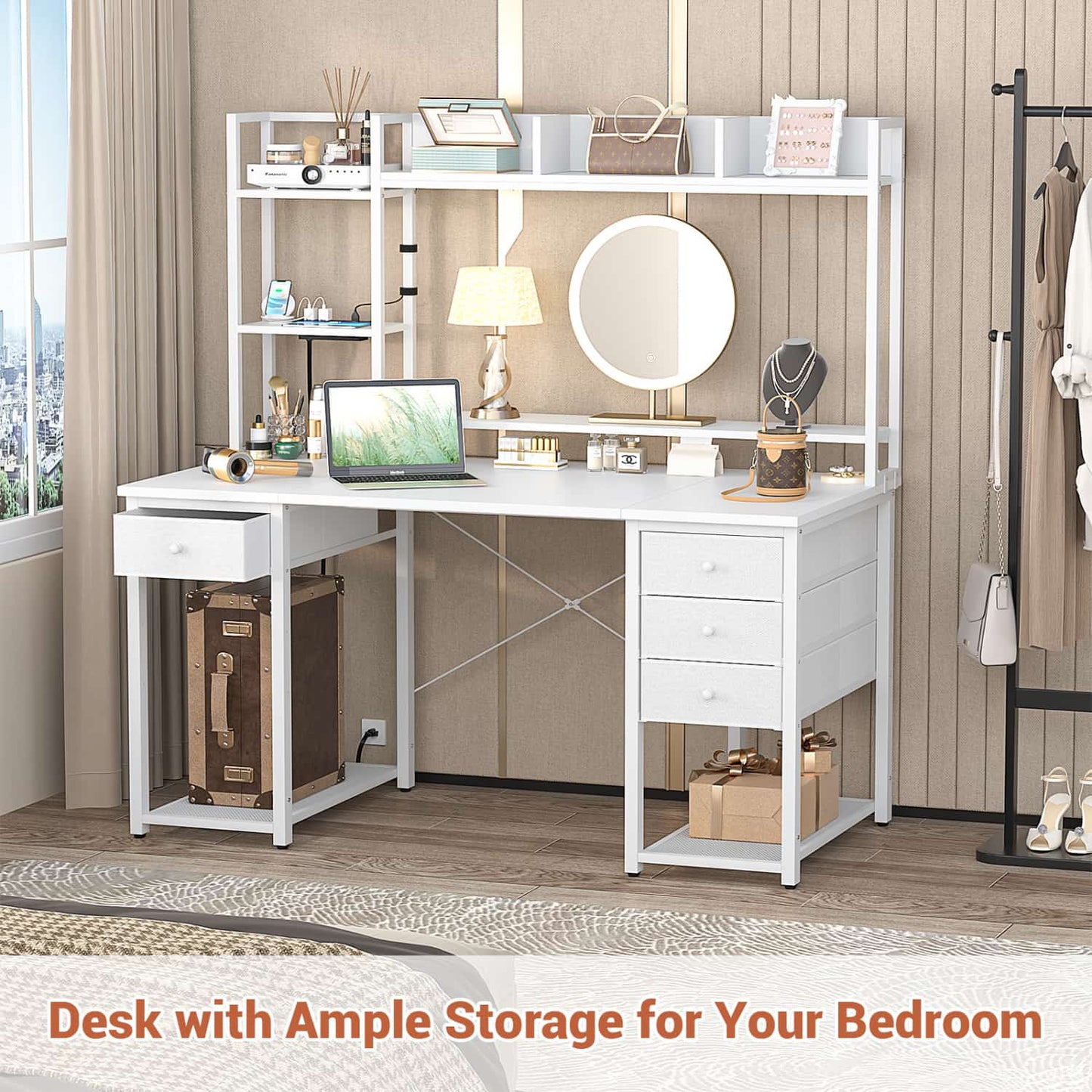 Computer Desk with LED Light, Power Outlet, Farbric Drawers