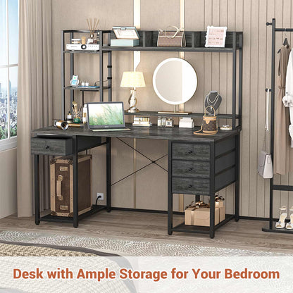 Computer Desk with LED Light, Power Outlet, Farbric Drawers
