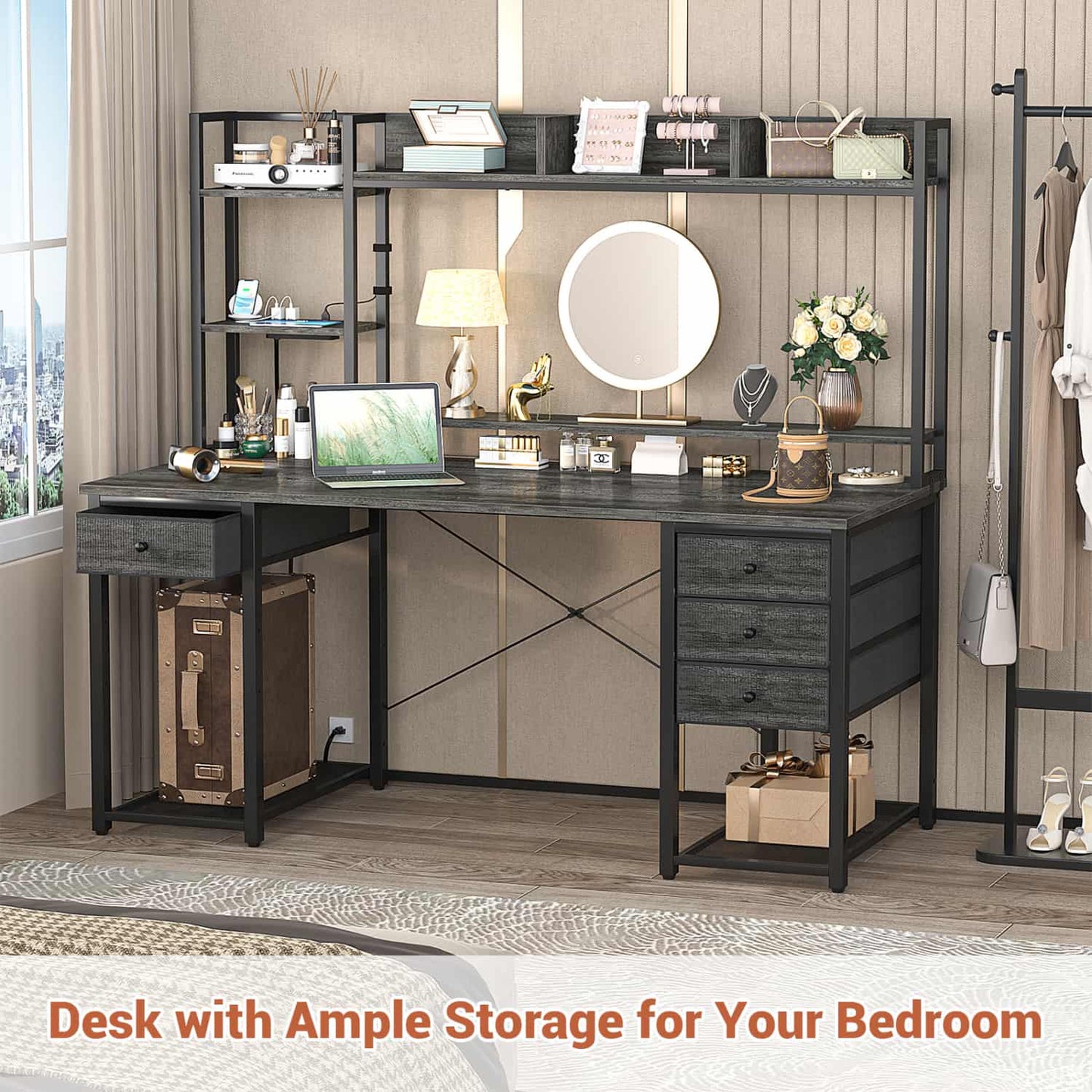 Computer Desk with LED Light, Power Outlet, Farbric Drawers