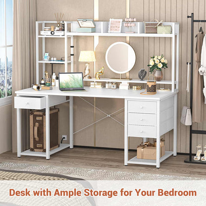 Computer Desk with LED Light, Power Outlet, Farbric Drawers