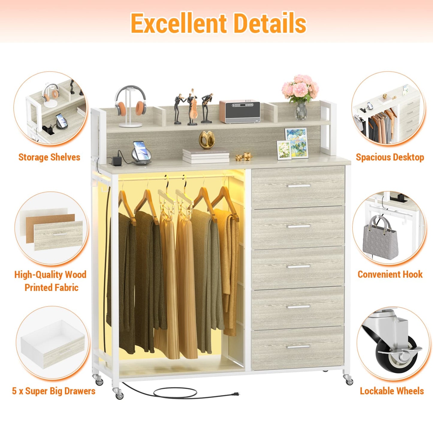 Dresser for Bedroom with Clothes Rack & Shelves, 5 Drawers Dresser with Charging Station