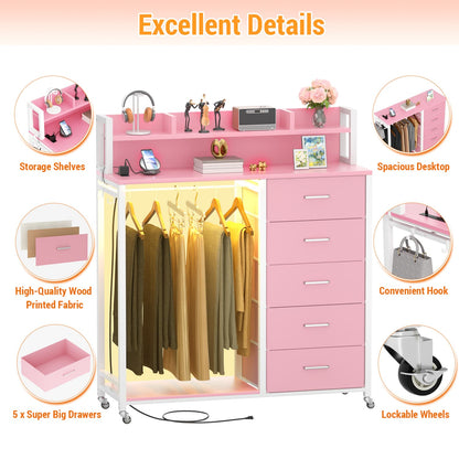 Dresser for Bedroom with Clothes Rack & Shelves, 5 Drawers Dresser with Charging Station