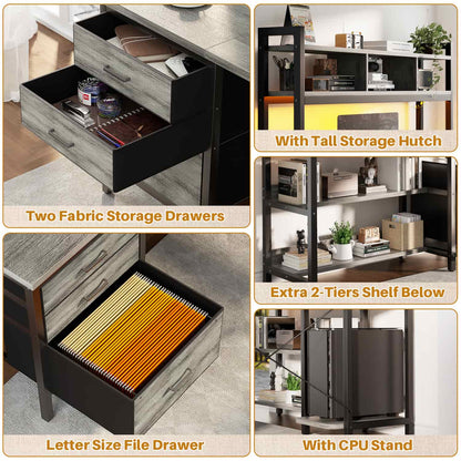L Shaped Computer Desk with Hutch, Power Outlets, LED Lights & Storage Drawers