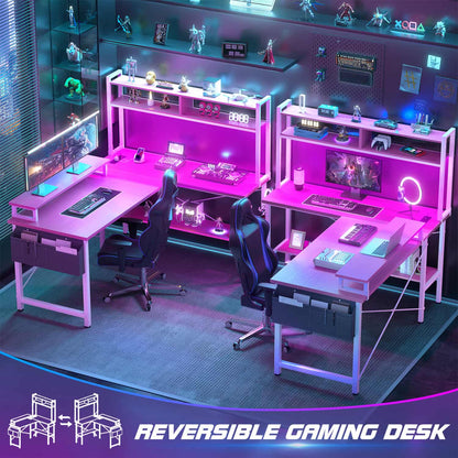 L-Shaped Computer Desk with Monitor and Hutch, Gaming Desk with Charging Station