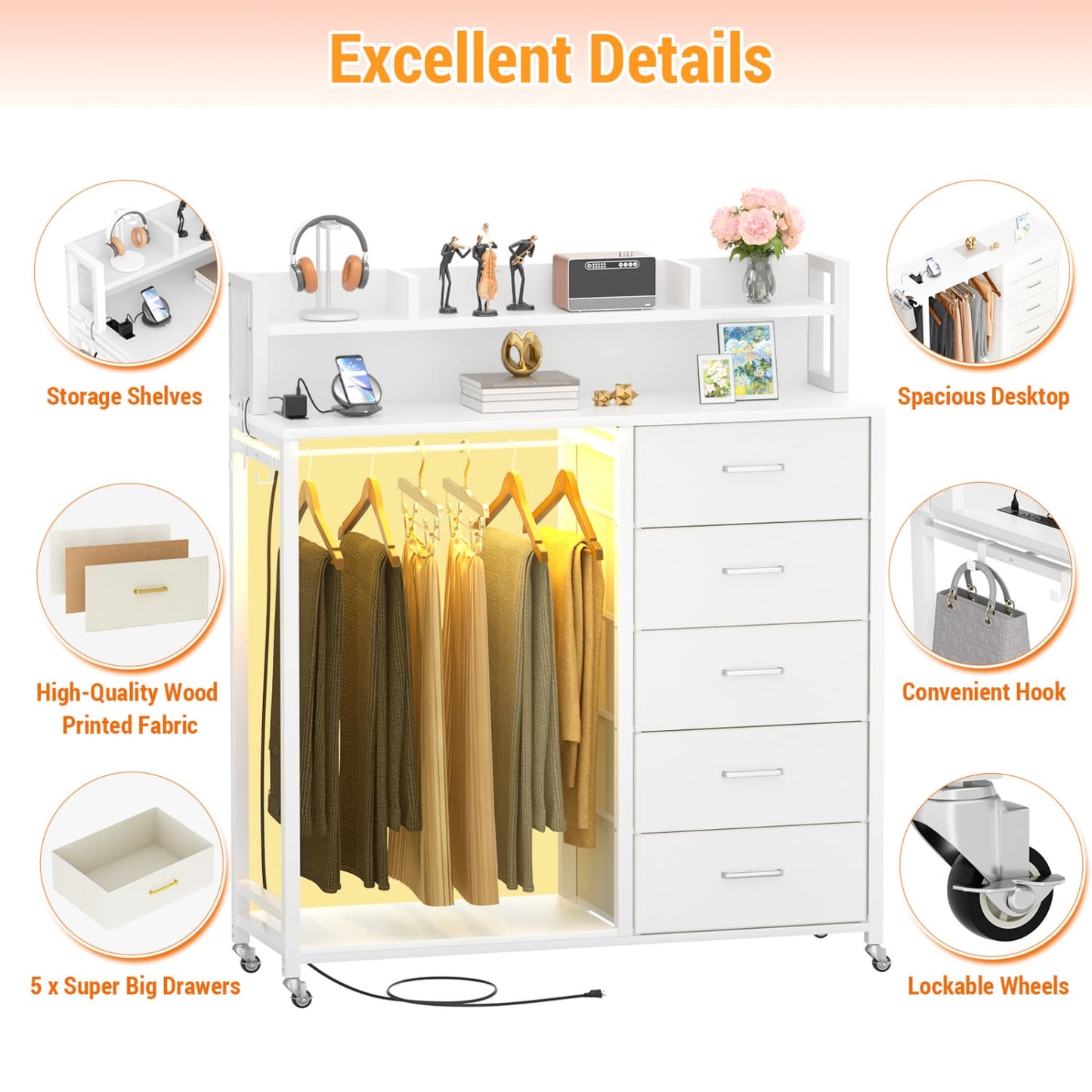 Dresser for Bedroom with Clothes Rack & Shelves, 5 Drawers Dresser with Charging Station