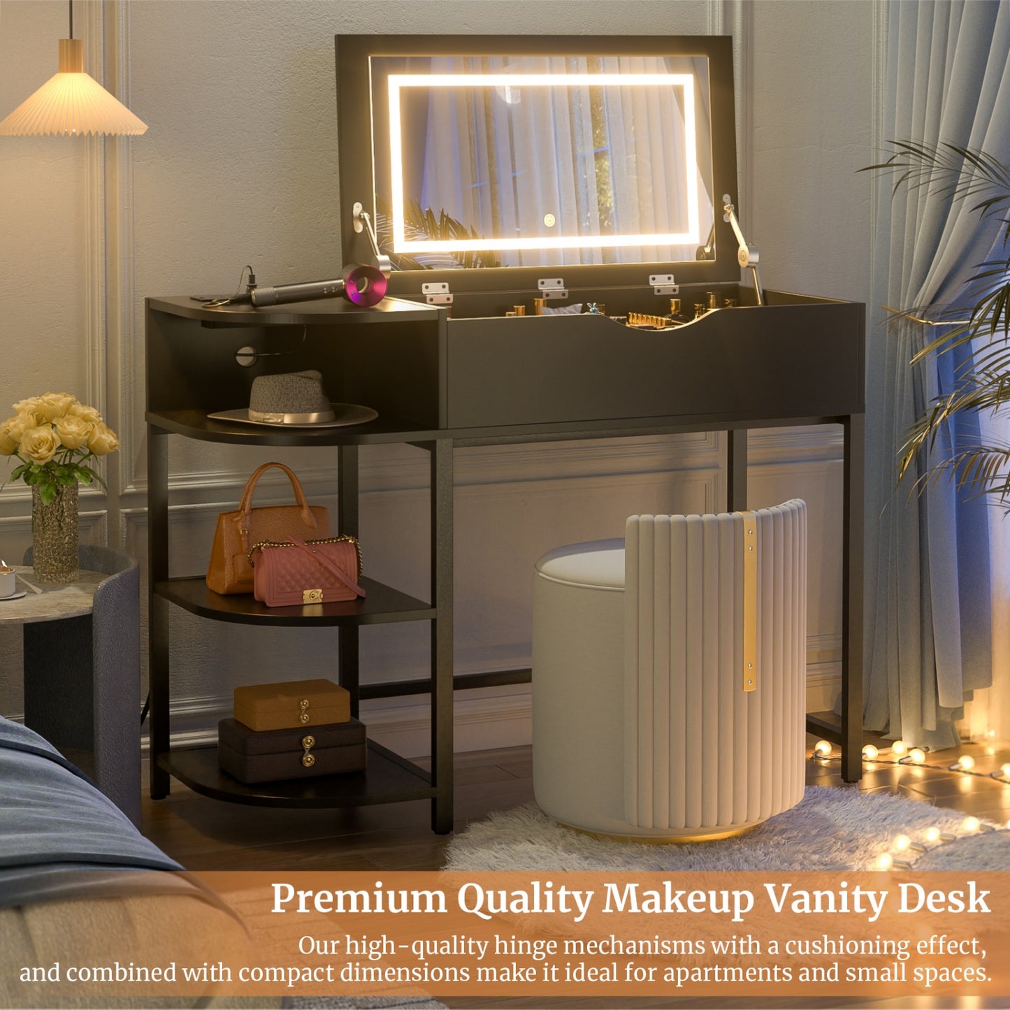 Flip-Top Makeup Dressing Table with mirror and Drawer, Small Vanity Desk with Charging Station