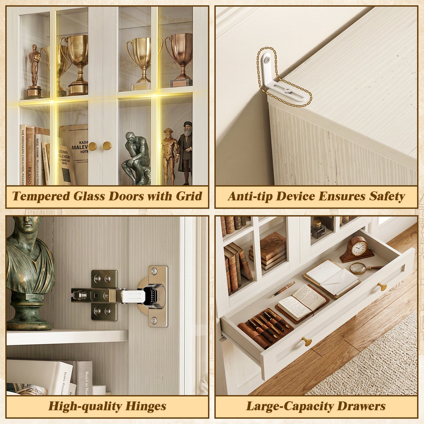 Besiost 80" H Bookcase with Mullion Glass Doors & Drawers