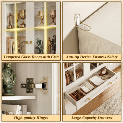 Besiost 80" H Bookcase with Mullion Glass Doors & Drawers