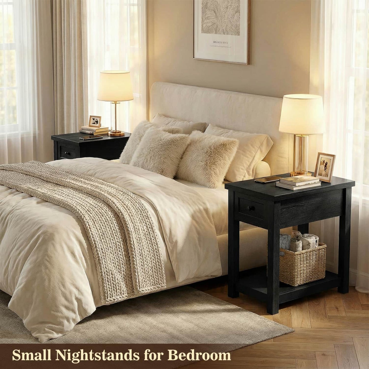 Farmhouse End Table with Drawer and Shelf, Nightstand with Charging Station