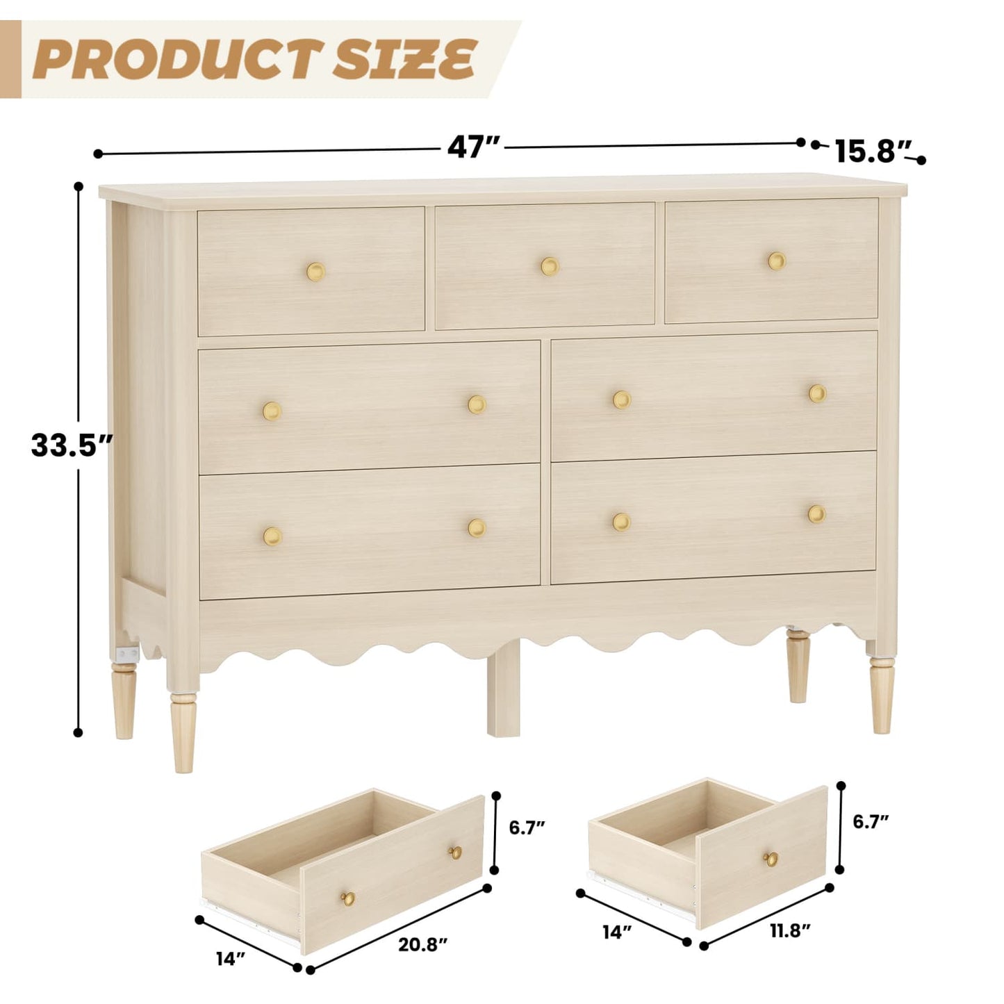 47" Closet Storage Cabinet with 7 Drawers, Wooden Dresser with Support Leg