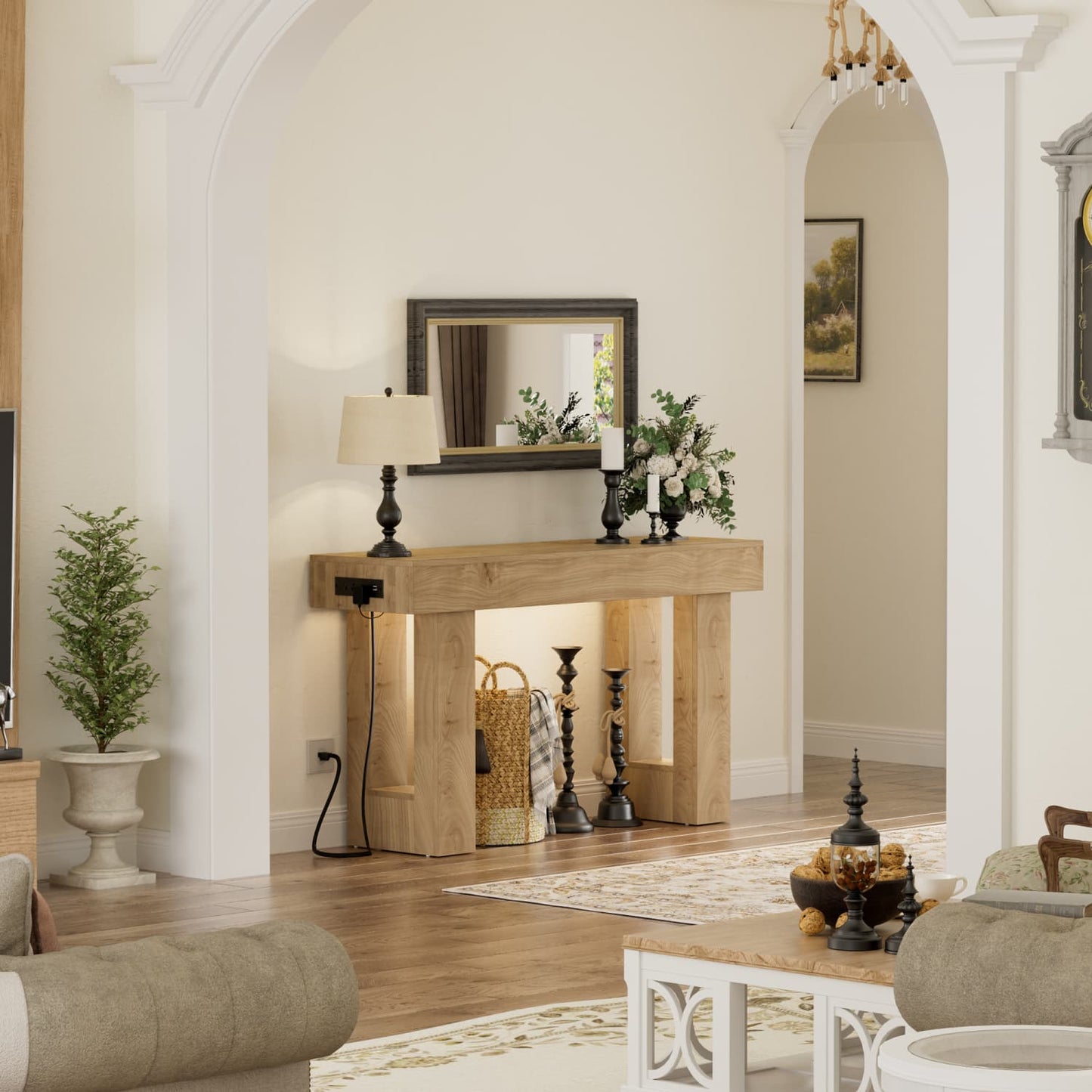 47inch Console Table with Power Outlets, Wood Narrow Entryway Table