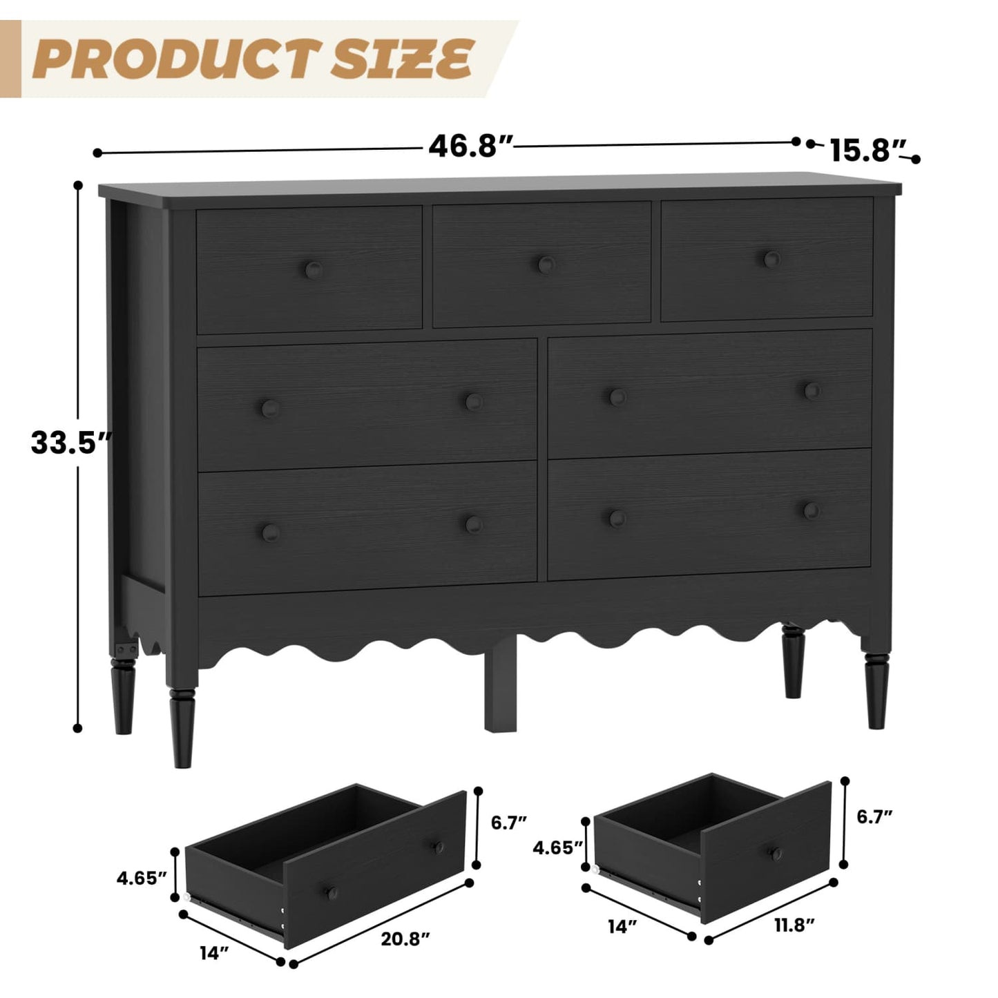 47" Closet Storage Cabinet with 7 Drawers, Wooden Dresser with Support Leg
