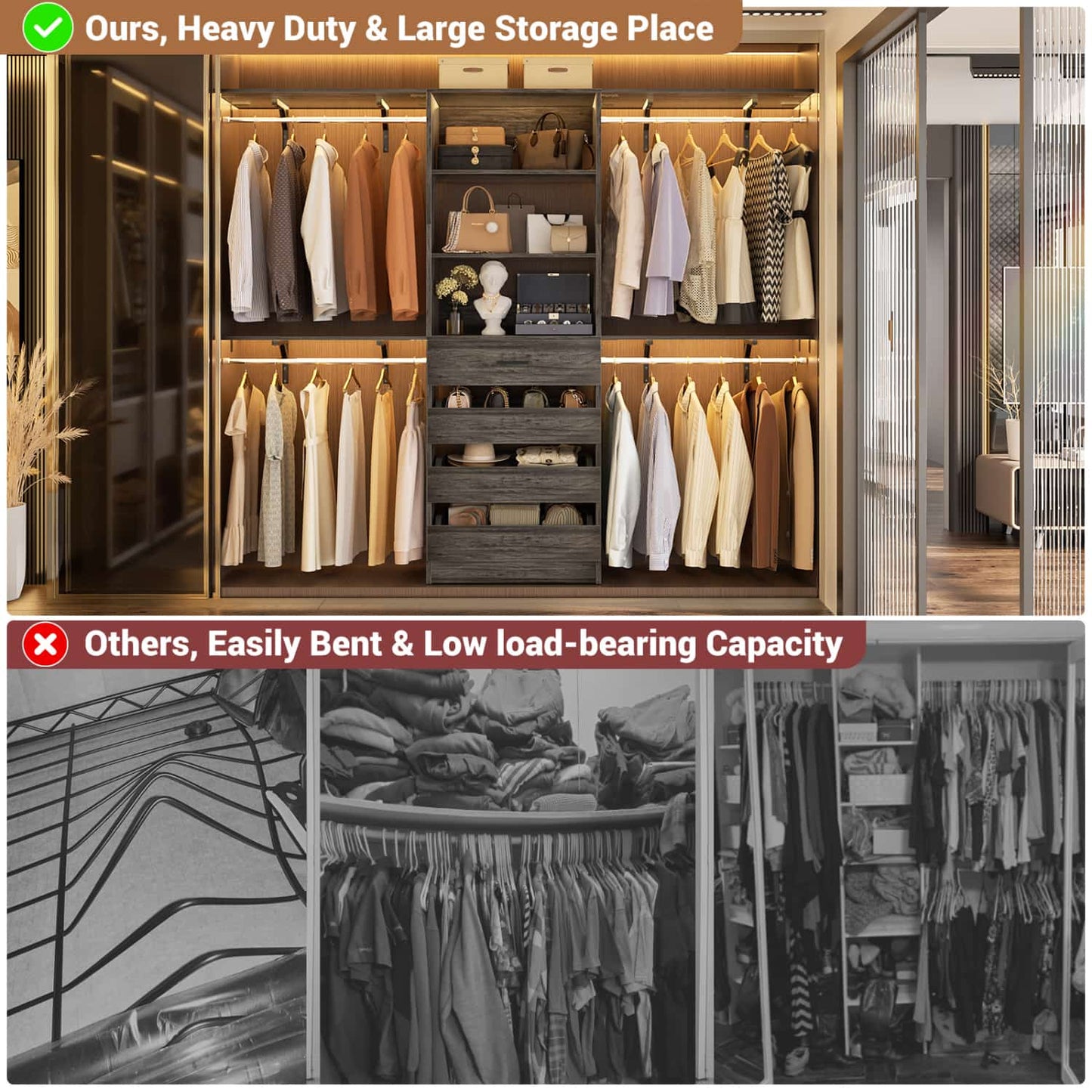 8FT Closet Organizer System with 4 Wooden Drawers & Hanging Rods