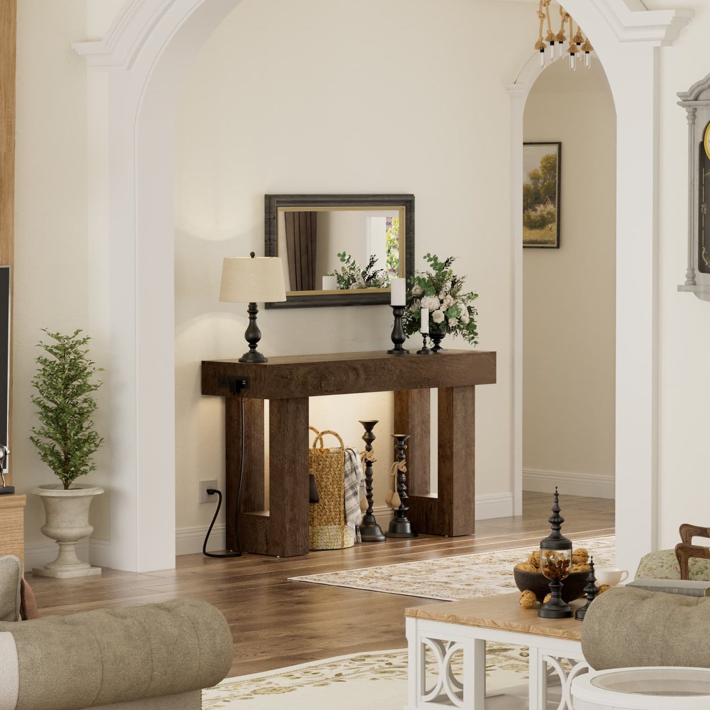 47inch Console Table with Power Outlets, Wood Narrow Entryway Table