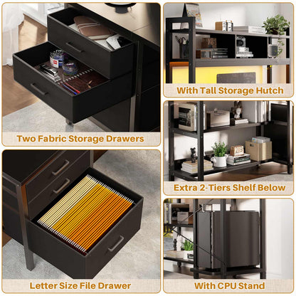 L Shaped Computer Desk with Hutch, Power Outlets, LED Lights & Storage Drawers