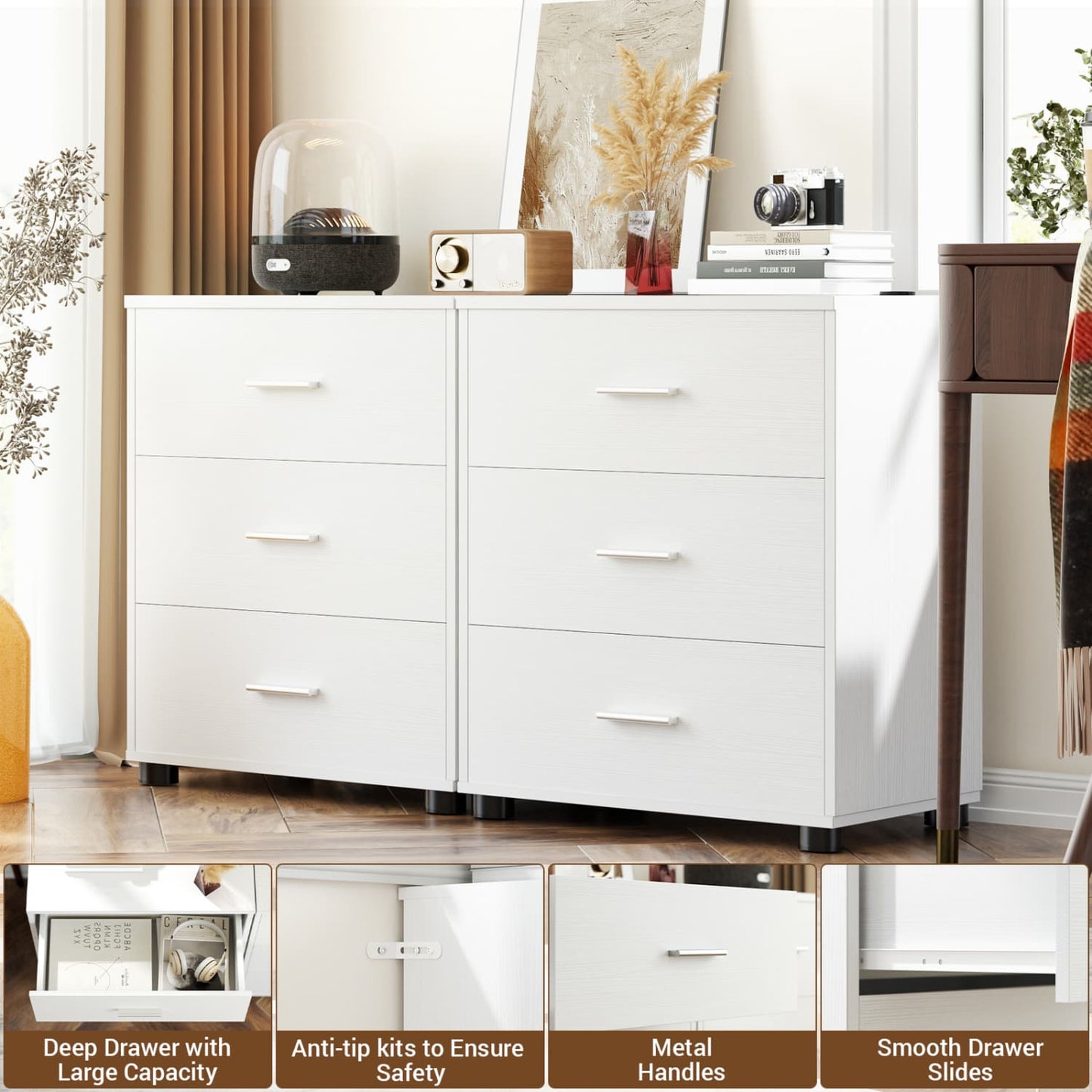 Set of 2 Wooden Storage Dressers with 3 Drawers, Closet Storage Cabinet and Nightstand