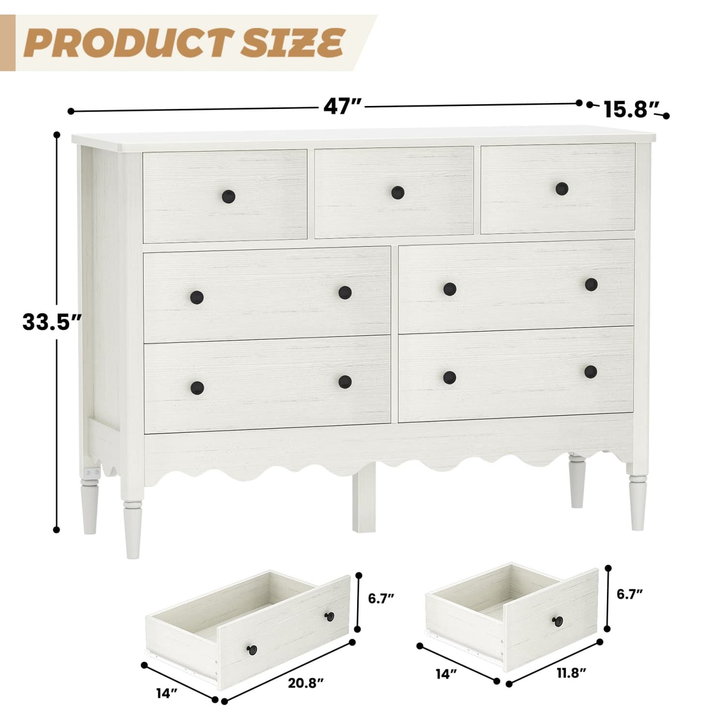 47" Closet Storage Cabinet with 7 Drawers, Wooden Dresser with Support Leg