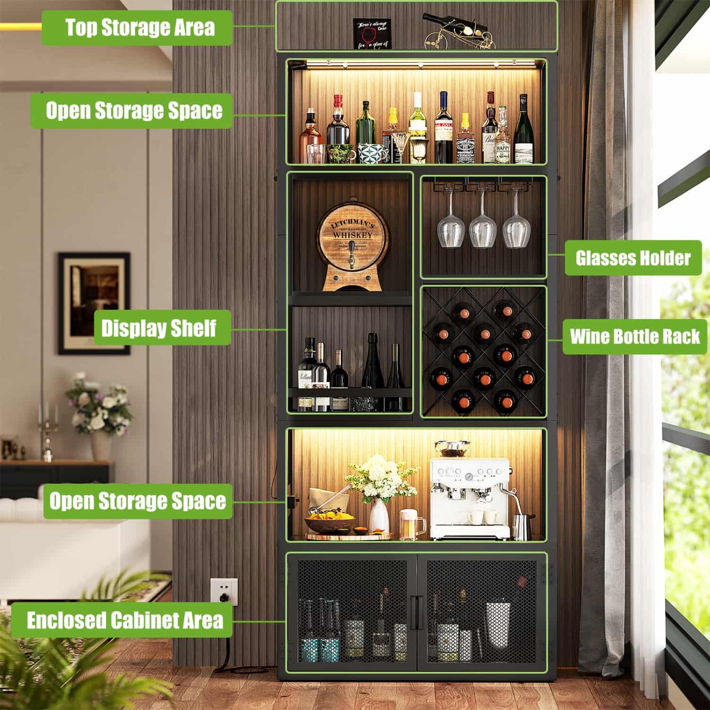 82.6" Tall Wine Bar Cabinet with LED Light and Outlets