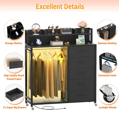 Dresser for Bedroom with Clothes Rack & Shelves, 5 Drawers Dresser with Charging Station