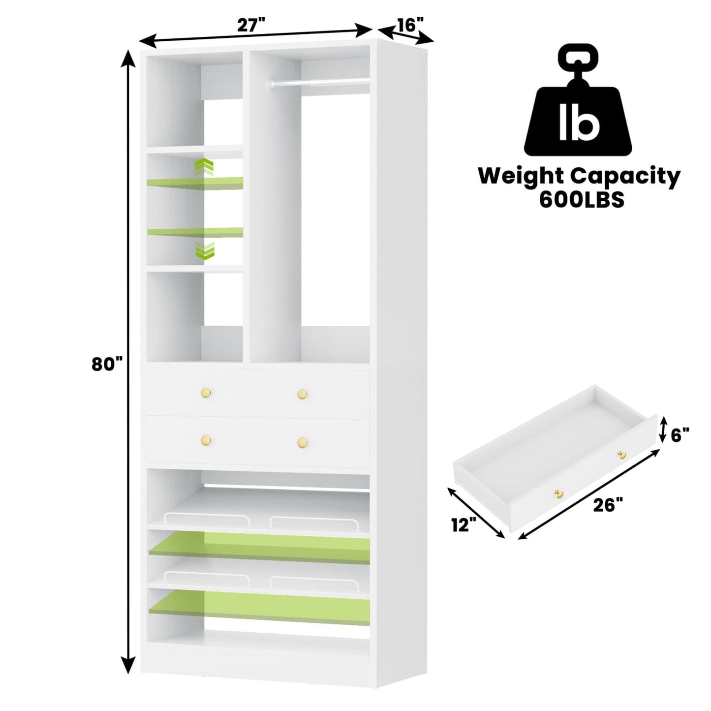 Closet Storage System with Adjustable Shoes Shelves, Closet Organizer with Drawer