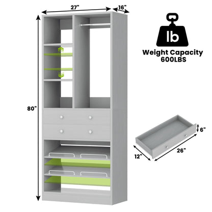 Closet Storage System with Adjustable Shoes Shelves, Closet Organizer with Drawer