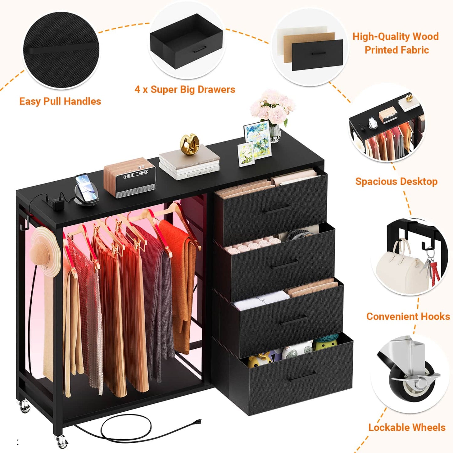 Dressers with Clothes Rack, Charging Station and Led Light, 4 Drawers Dresser for Bedroom