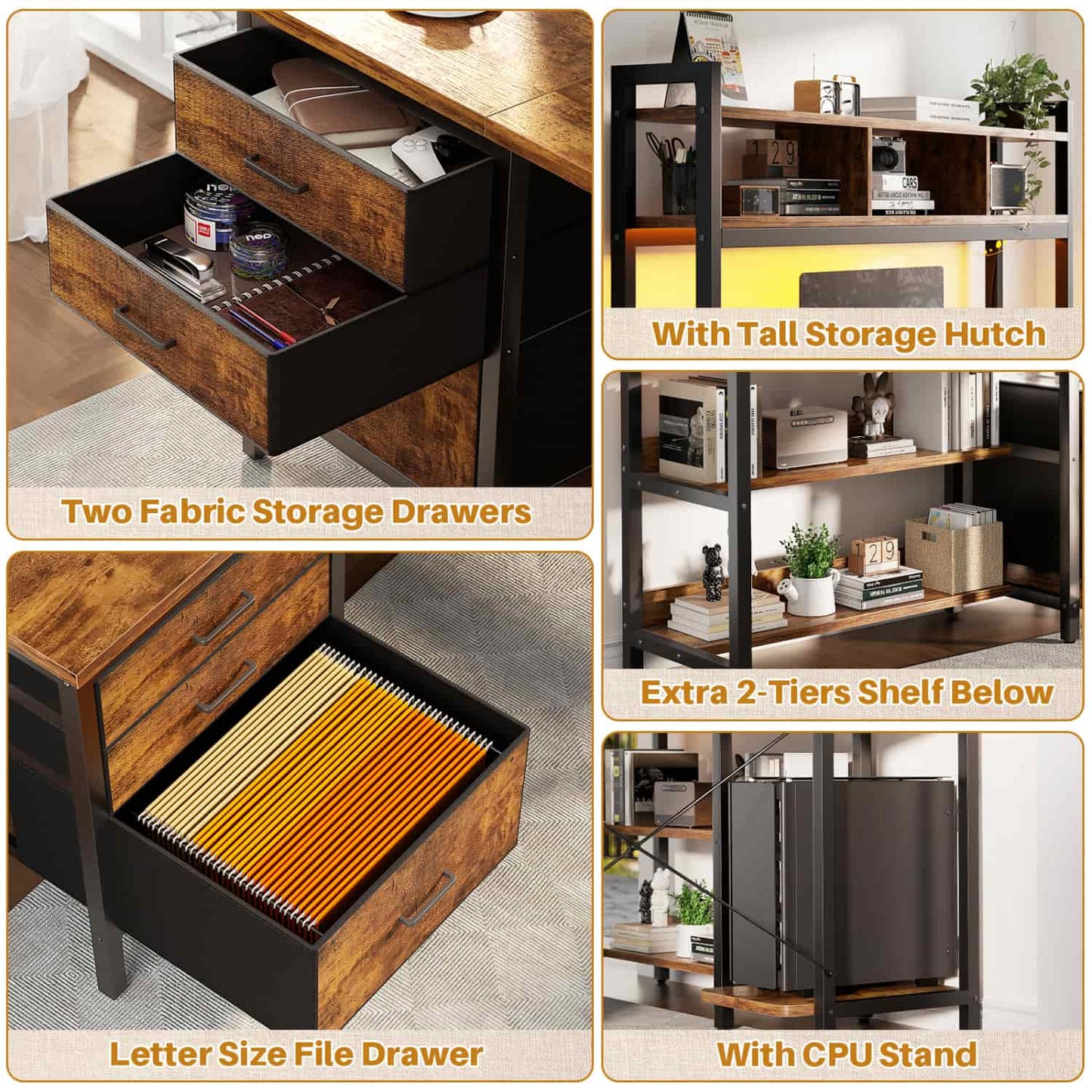 L Shaped Computer Desk with Hutch, Power Outlets, LED Lights & Storage Drawers