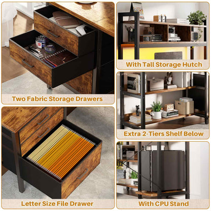 L Shaped Computer Desk with Hutch, Power Outlets, LED Lights & Storage Drawers
