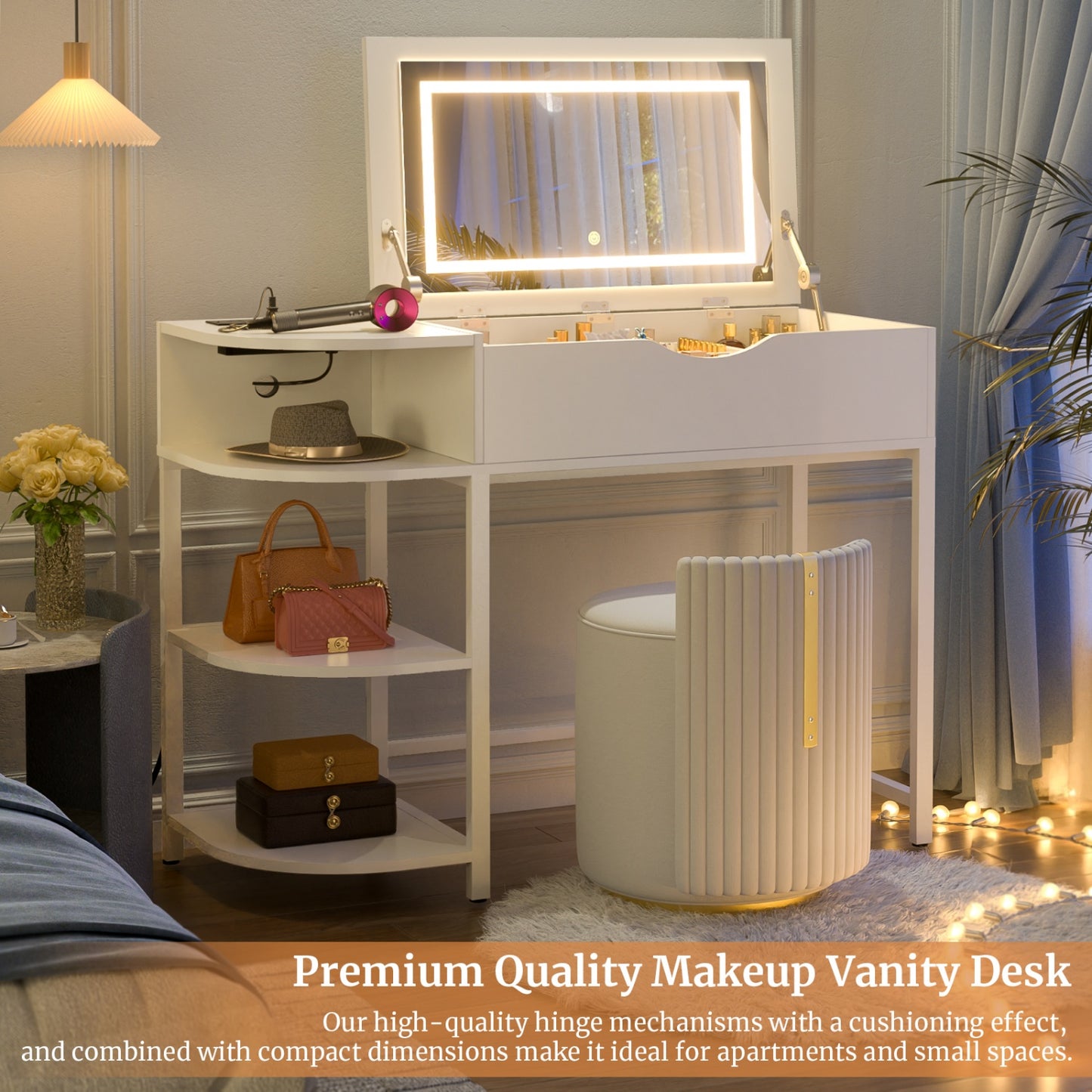 Flip-Top Makeup Dressing Table with mirror and Drawer, Small Vanity Desk with Charging Station
