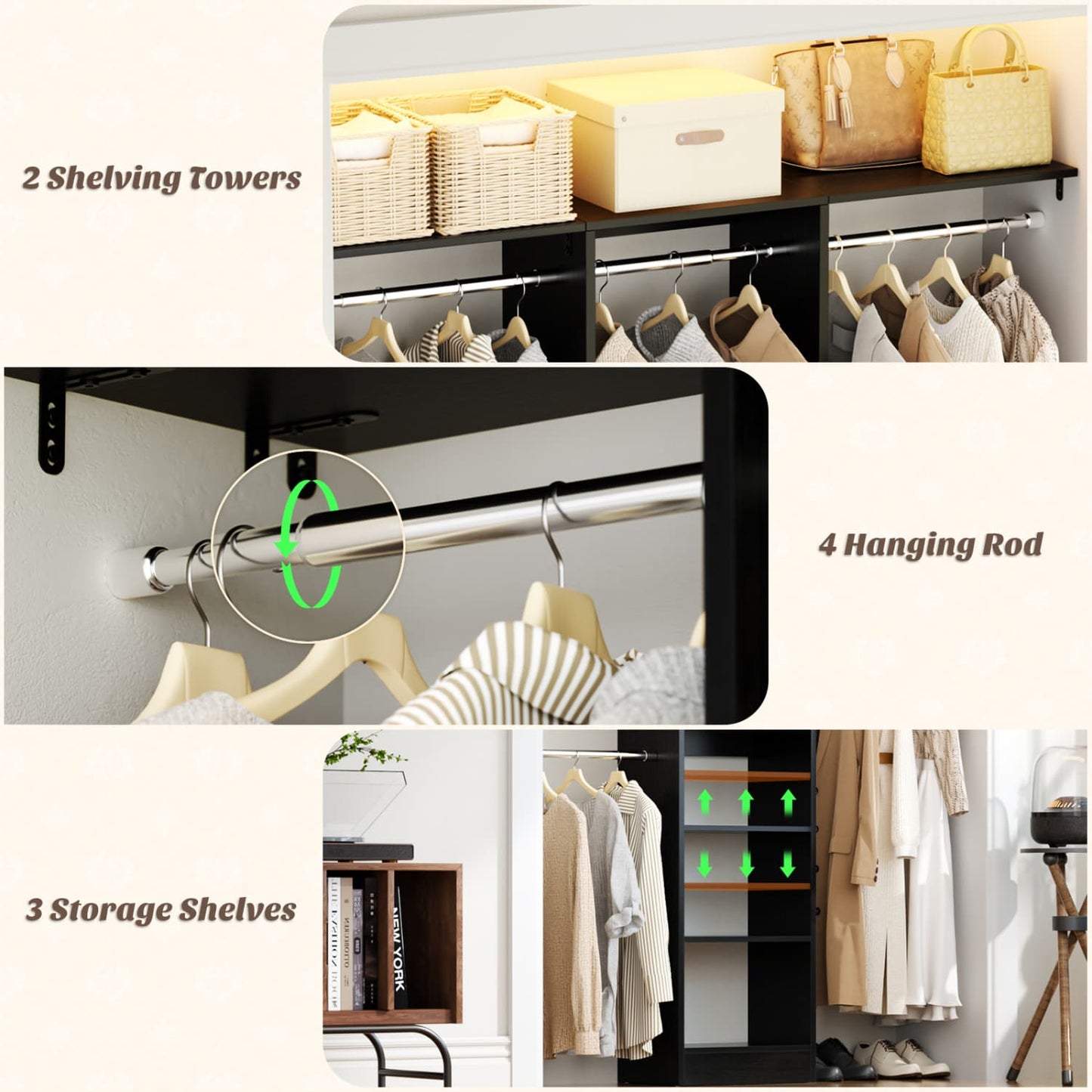 47'' W Closet System with Hanging Rods and Shelves, Closet Organizer for Bedroom