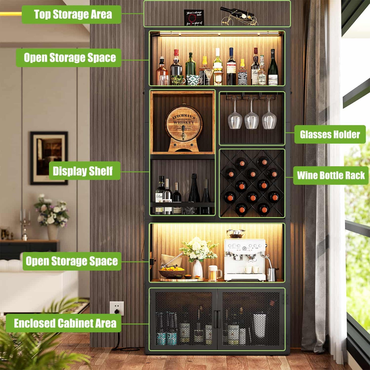 82.6" Tall Wine Bar Cabinet with LED Light and Outlets