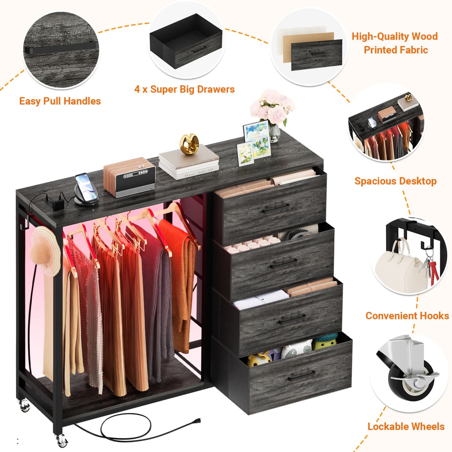 Dressers with Clothes Rack, Charging Station and Led Light, 4 Drawers Dresser for Bedroom
