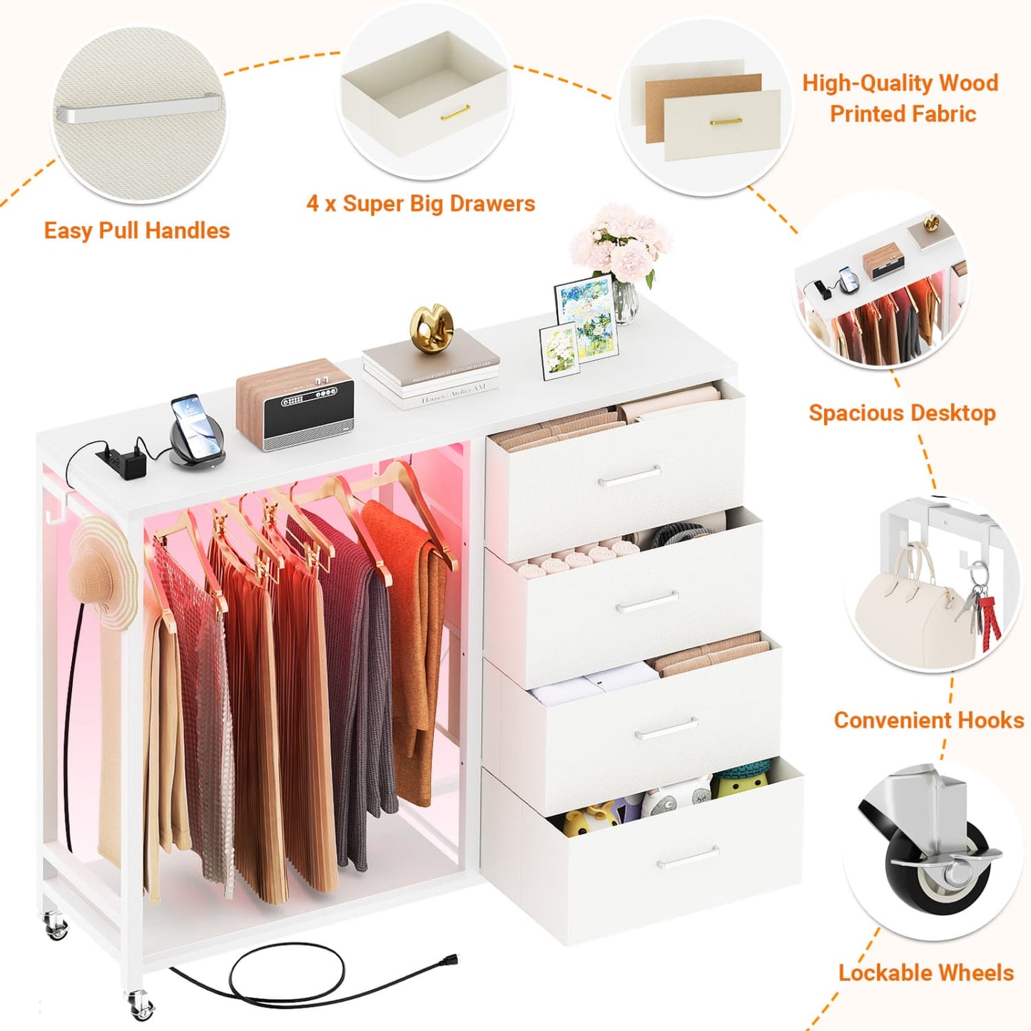 Dressers with Clothes Rack, Charging Station and Led Light, 4 Drawers Dresser for Bedroom