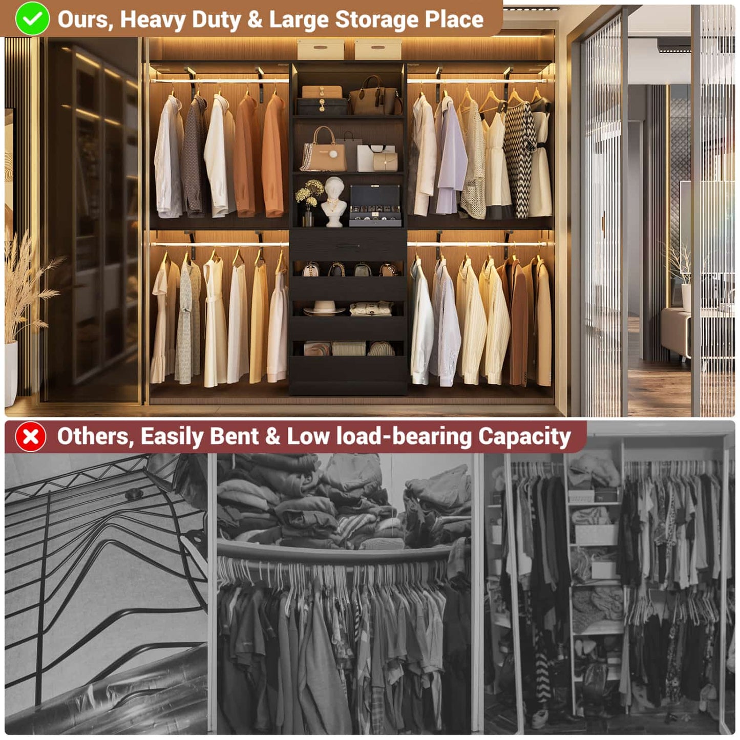 8FT Closet Organizer System with 4 Wooden Drawers & Hanging Rods