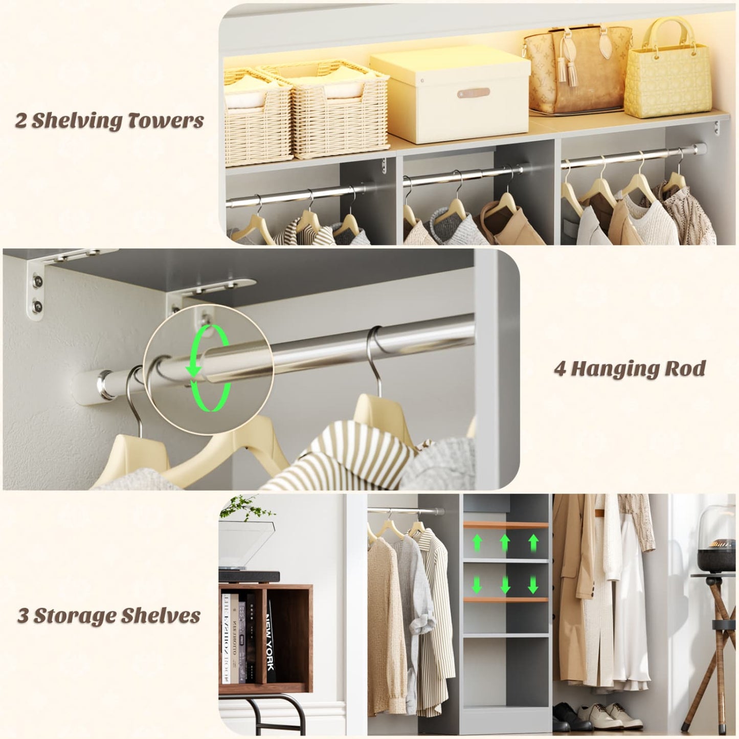 47'' W Closet System with Hanging Rods and Shelves, Closet Organizer for Bedroom