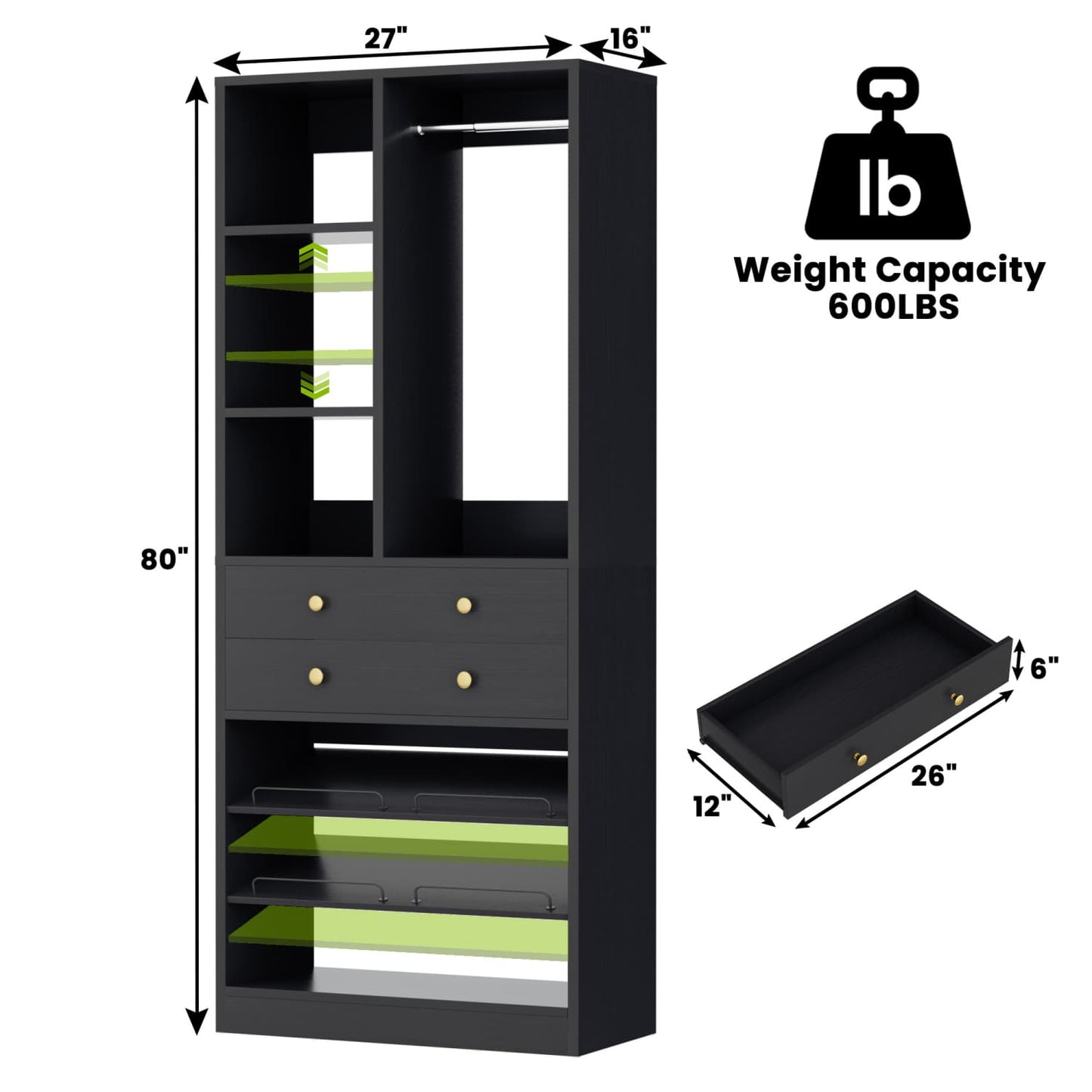 Closet Storage System with Adjustable Shoes Shelves, Closet Organizer with Drawer