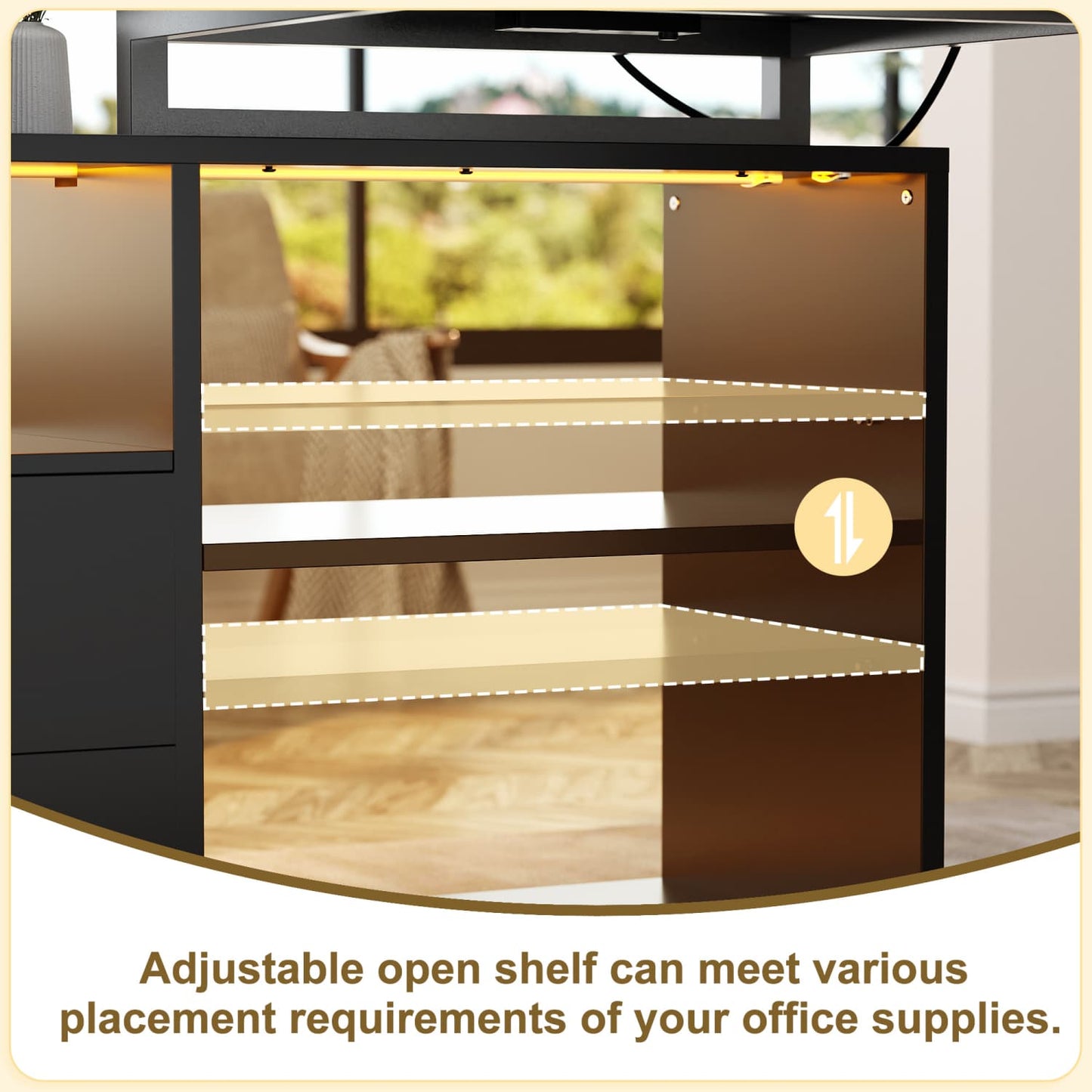 62" L Shaped Computer Desk with File Drawer, LED Lights
