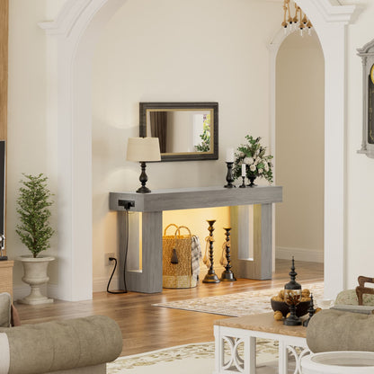 63inch Console Table with Power Outlets, Wood Narrow Entryway Table
