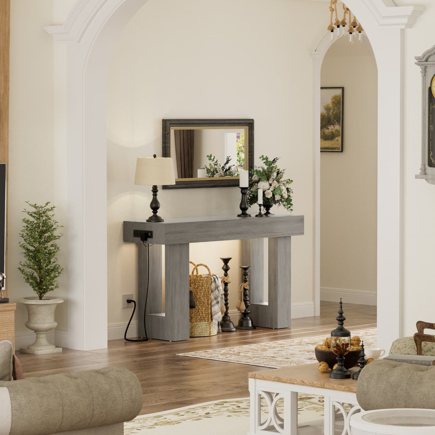 47inch Console Table with Power Outlets, Wood Narrow Entryway Table